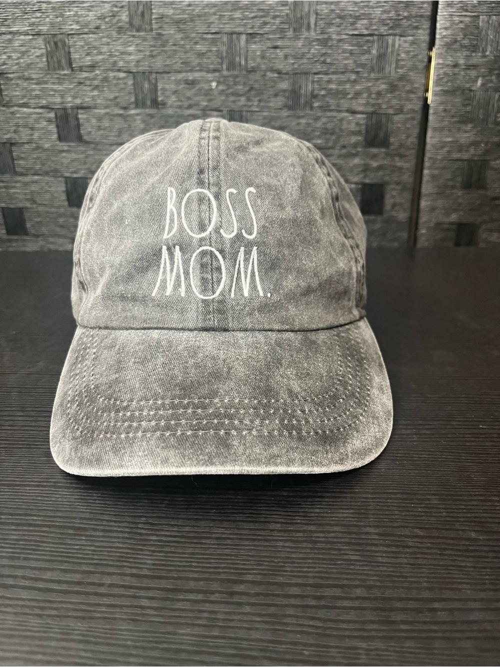 Gray denim cap with white text reading 'BOSS MOM'